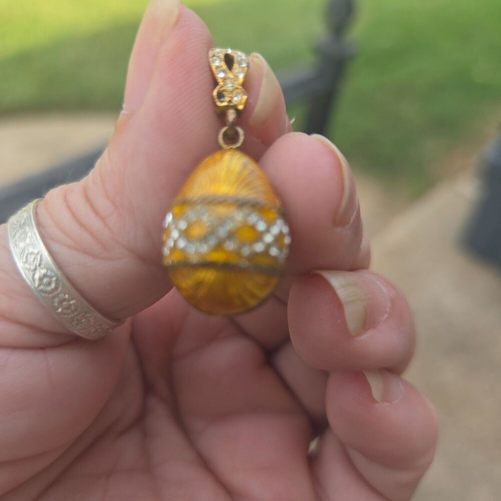 Faberge Style Sterling Silver Gold Enamel Crystal Egg Pendant Charm 3/4"
